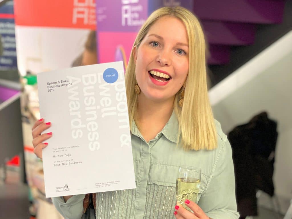 cathy with certificate finalist for best new business in epsom and ewell 2019 2